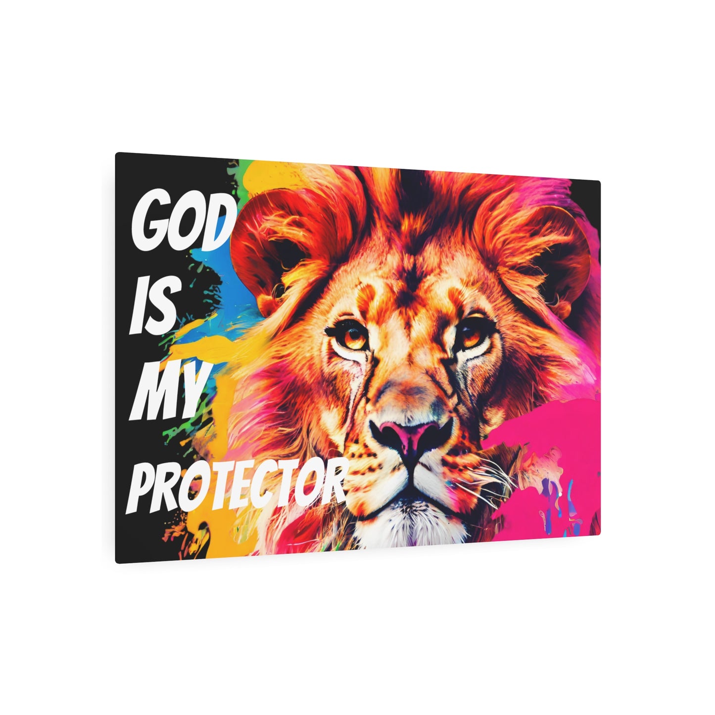 "God is My Protector" Metal Wall Art Decor featuring a Colorful Lion King. Mounting tools included. Versatile Home Decor.