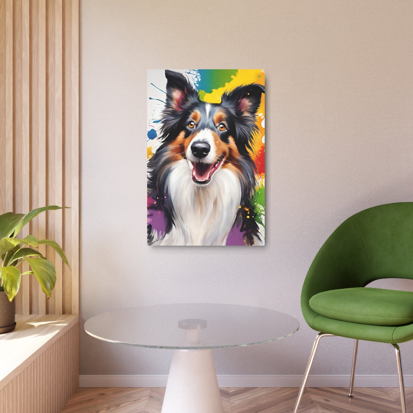 Metal Wall Art Decor featuring a Colorful Collie Dog. Mounting tools included. Versatile Home Decor.