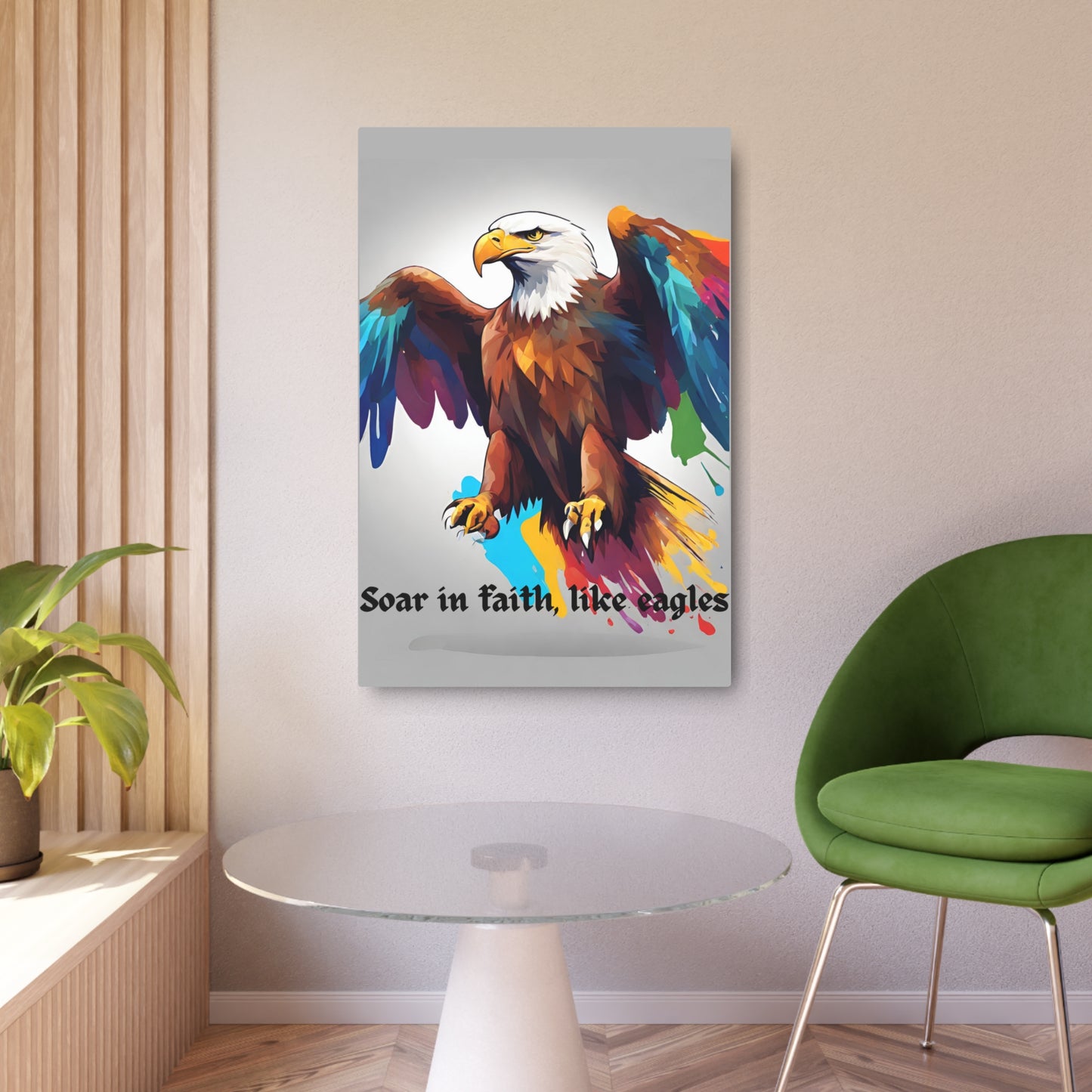 Soar in faith, like eagles. Metal Wall Art Decor featuring a Colorful Eagle. Mounting tools included. Versatile Home Decor.