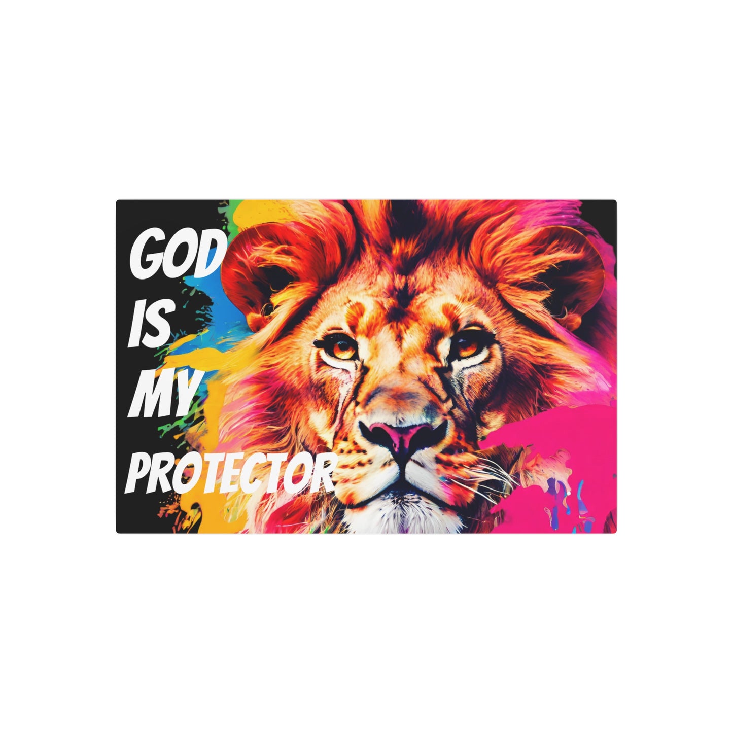 "God is My Protector" Metal Wall Art Decor featuring a Colorful Lion King. Mounting tools included. Versatile Home Decor.