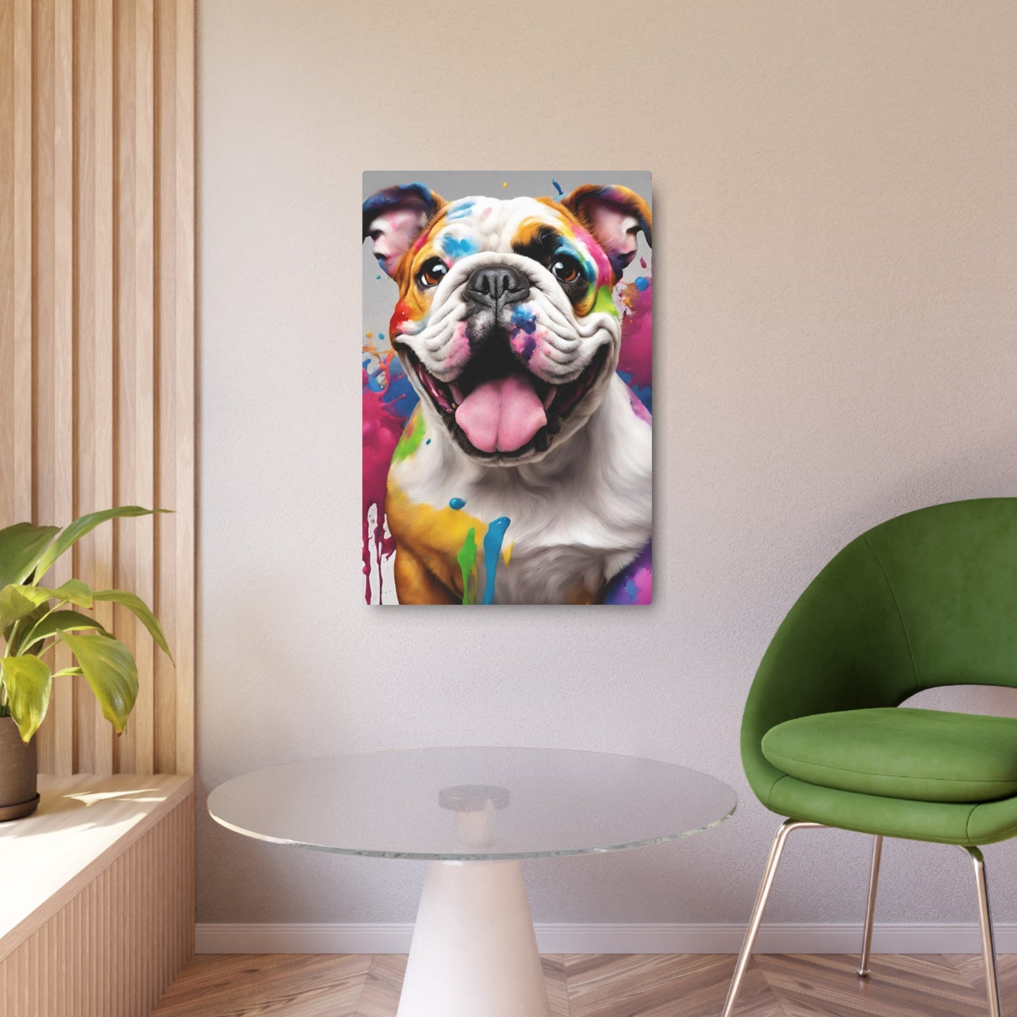 Metal Wall Art Decor featuring a Colorful Bulldog . Mounting tools included. Versatile Home Decor.