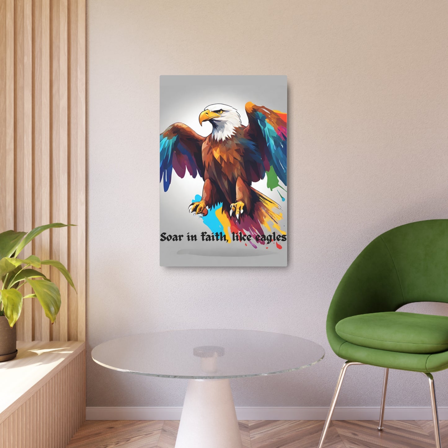 Soar in faith, like eagles. Metal Wall Art Decor featuring a Colorful Eagle. Mounting tools included. Versatile Home Decor.