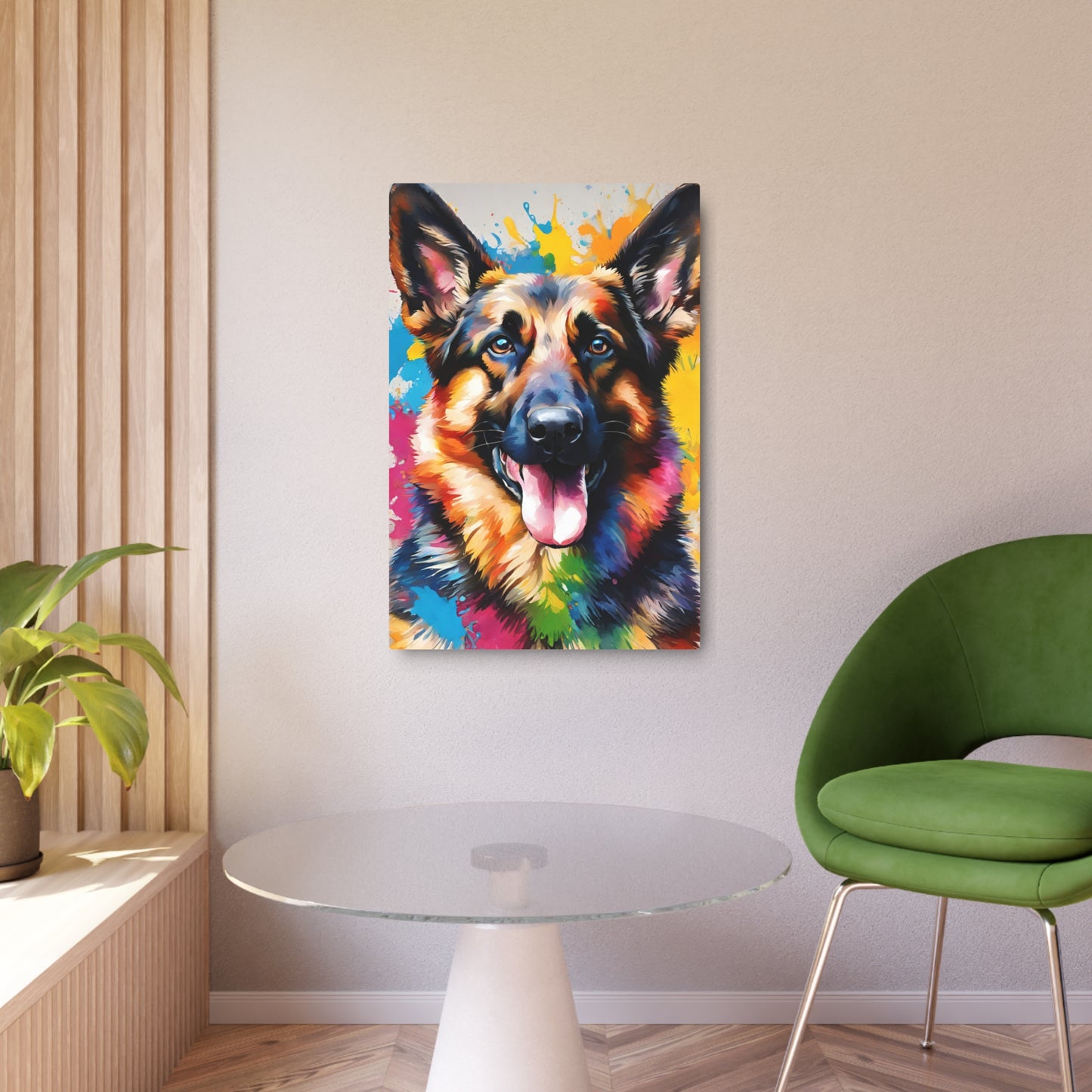 Metal Wall Art Decor featuring a Colorful German Shepherd. Mounting tools included. Versatile Home Decor.