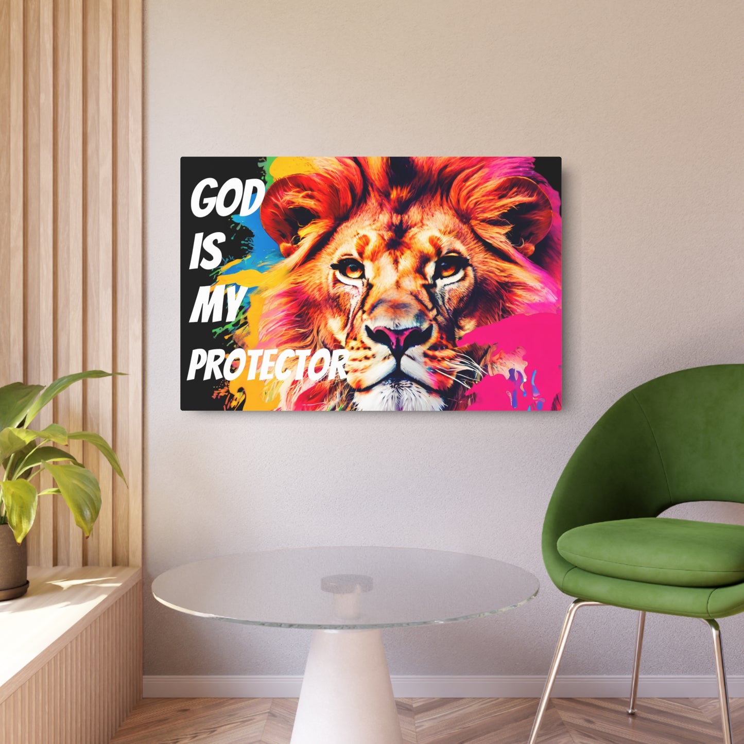 "God is My Protector" Metal Wall Art Decor featuring a Colorful Lion King. Mounting tools included. Versatile Home Decor.