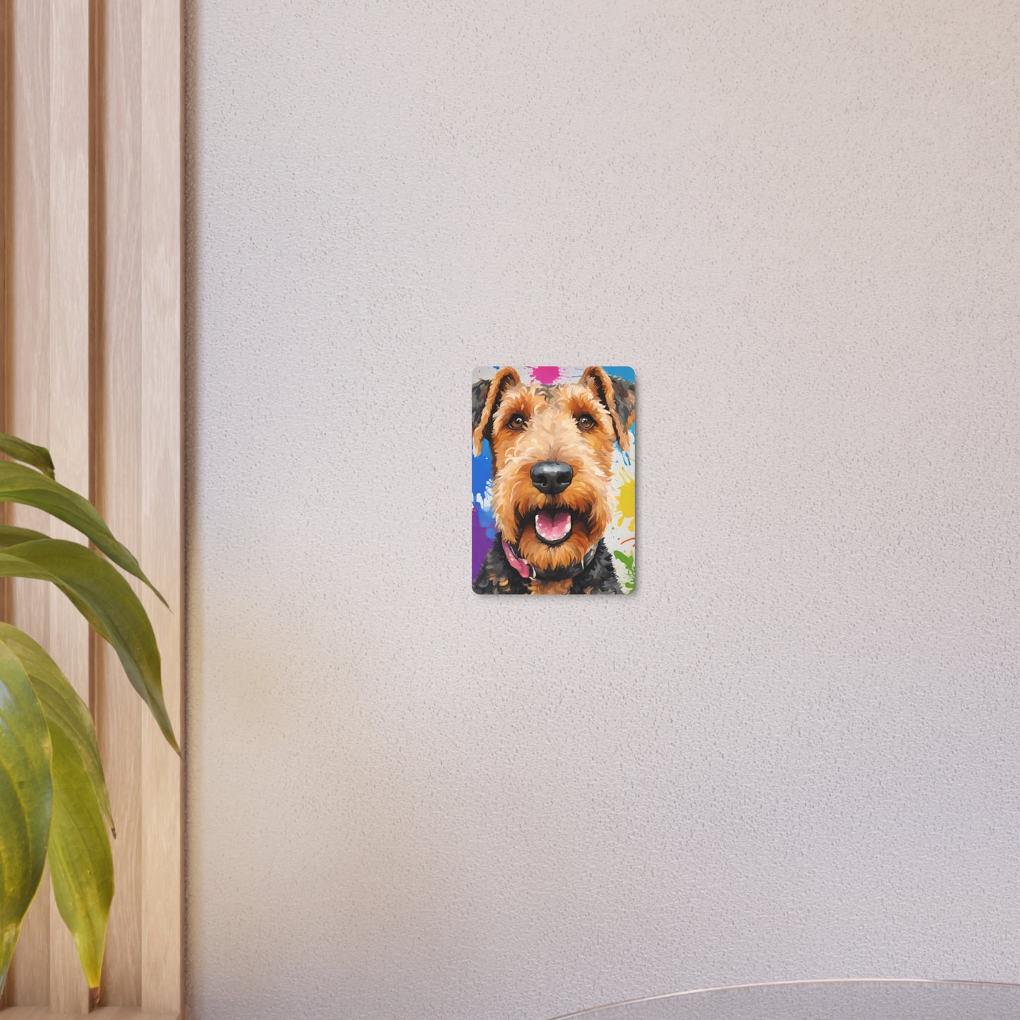 Metal Wall Art Decor featuring a Colorful airedale terrier. Mounting tools included. Versatile Home Decor.