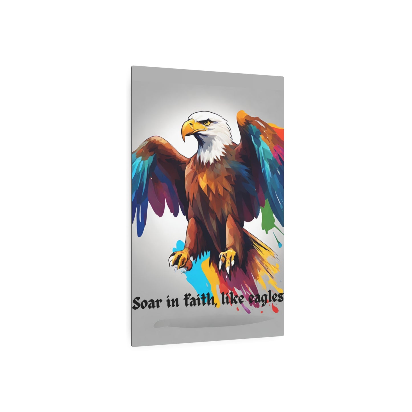 Soar in faith, like eagles. Metal Wall Art Decor featuring a Colorful Eagle. Mounting tools included. Versatile Home Decor.