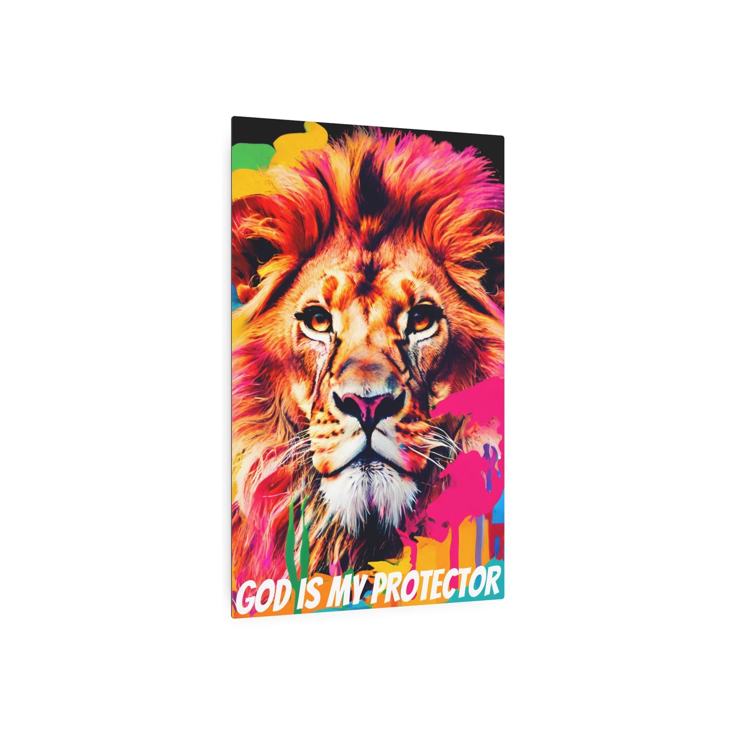 "God is My Protector" Metal Wall Art Decor featuring a Colorful Lion King. Mounting tools included. Versatile Home Decor.