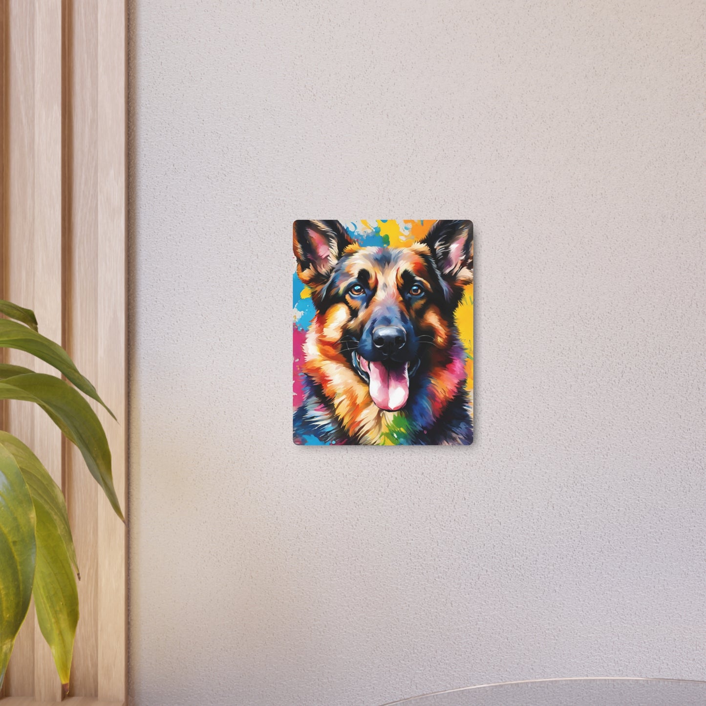 Metal Wall Art Decor featuring a Colorful German Shepherd. Mounting tools included. Versatile Home Decor.