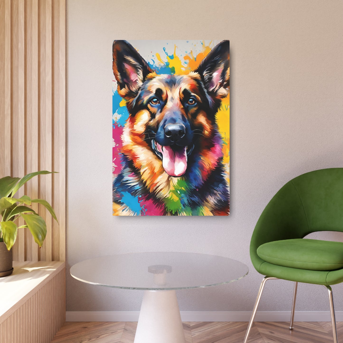 Metal Wall Art Decor featuring a Colorful German Shepherd. Mounting tools included. Versatile Home Decor.