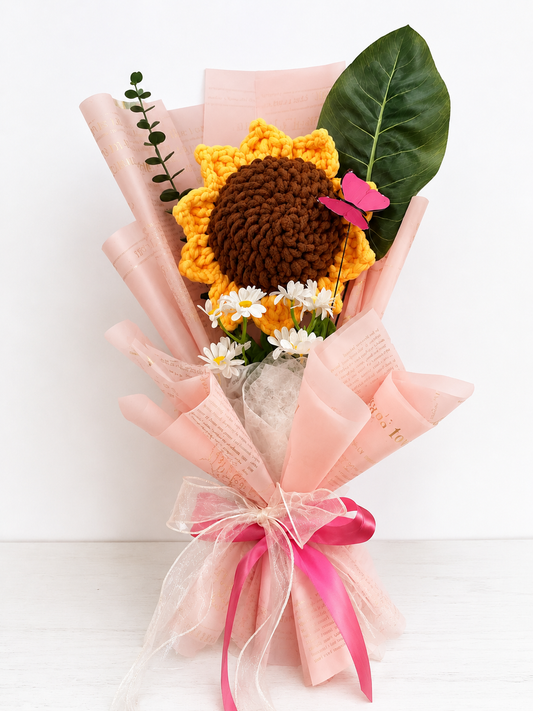 Blushing Sunshine – Handmade Plush Sunflower Bouquet