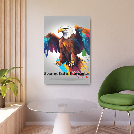 Soar in faith, like eagles. Metal Wall Art Decor featuring a Colorful Eagle. Mounting tools included. Versatile Home Decor.