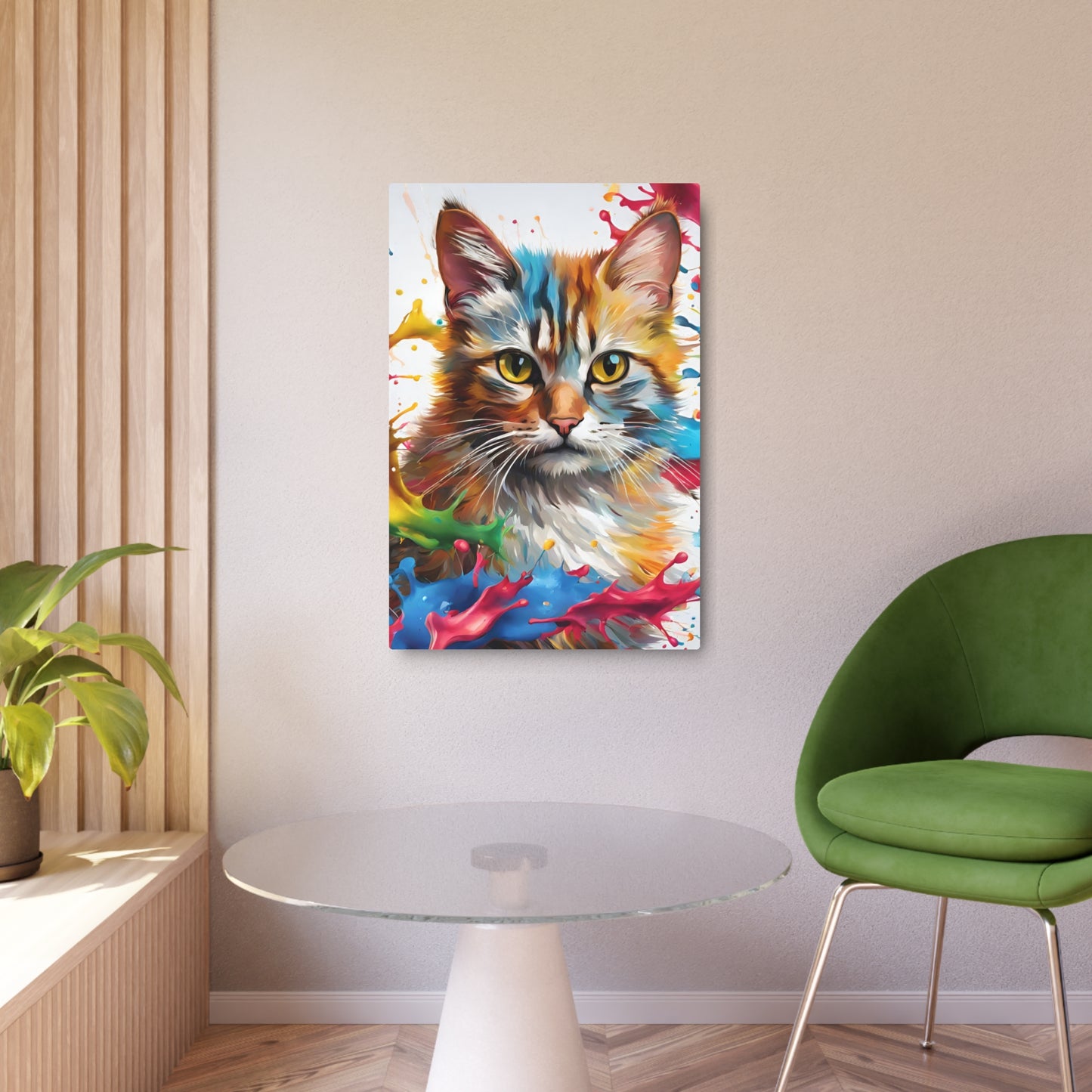 Metal Wall Art Decor featuring a Colorful Cat . Mounting tools included. Versatile Home Decor.