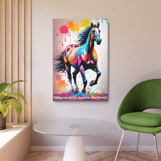Gallop into faith's horizon, like horses. Metal Wall Art Decor featuring a Colorful Horse. Mounting tools included. Versatile Home Decor.