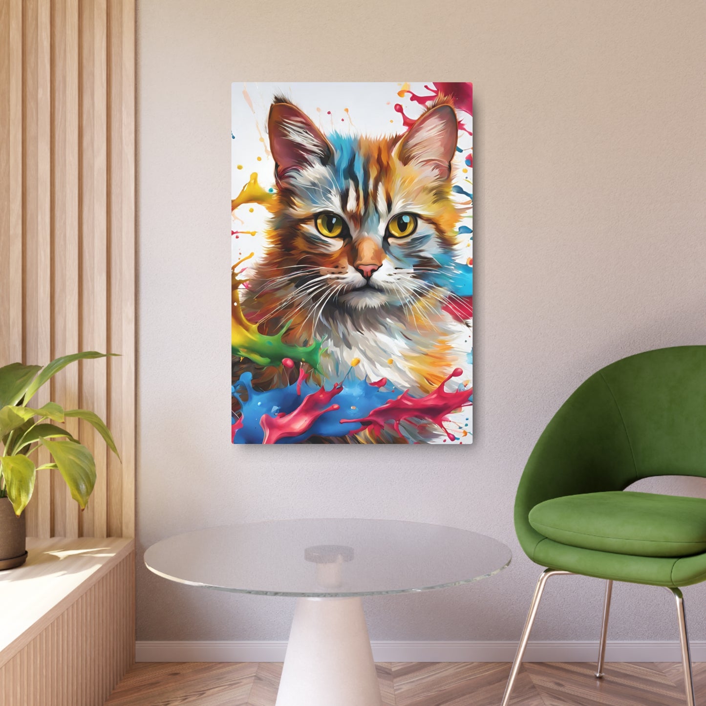 Metal Wall Art Decor featuring a Colorful Cat . Mounting tools included. Versatile Home Decor.