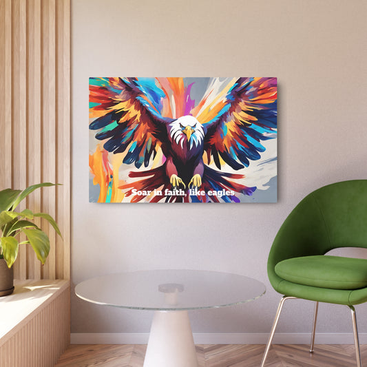 Soar in faith, like eagles. Metal Wall Art Decor featuring a Colorful Eagle. Mounting tools included. Versatile Home Decor.