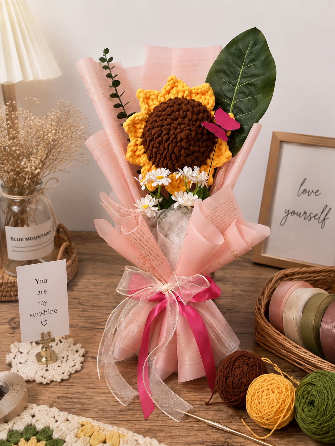 Blushing Sunshine – Handmade Plush Sunflower Bouquet